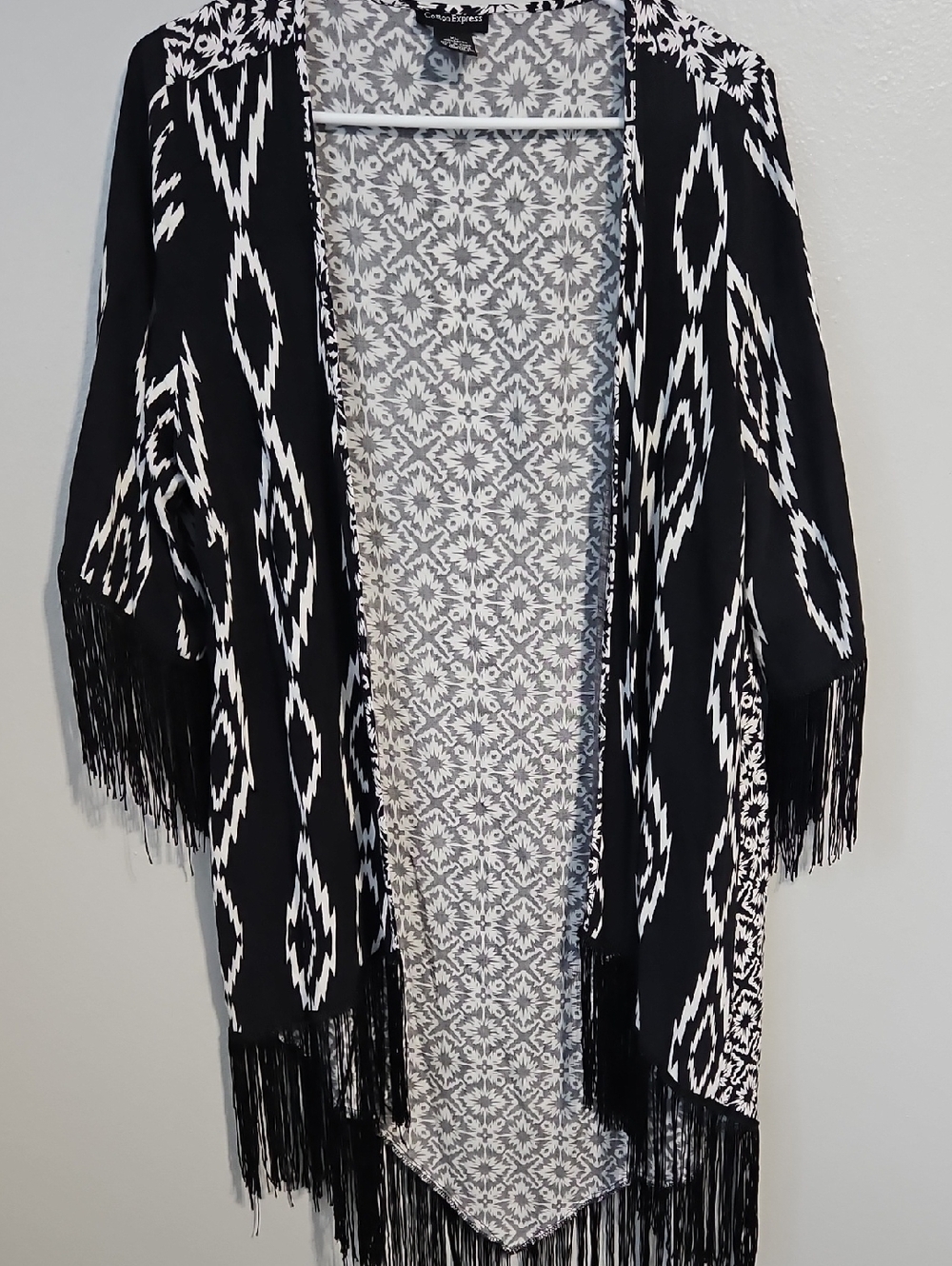 Cotton Express Black and White Aztec Fringe Kimono